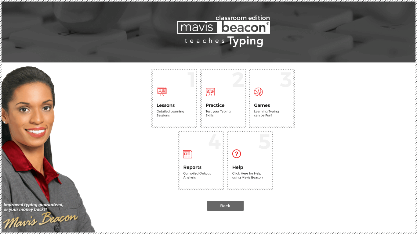 Mavis Beacon Classroom Edition main menu screen