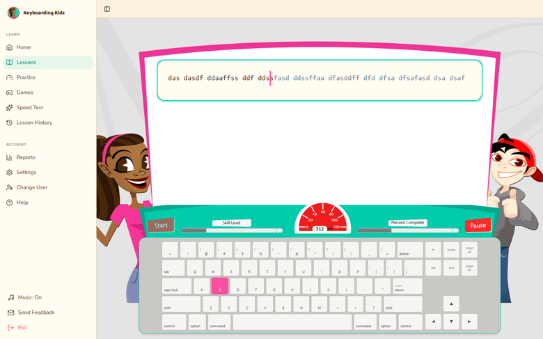 Keyboarding Kidz lesson: the two hosts beside a typing window and colourful keyboard