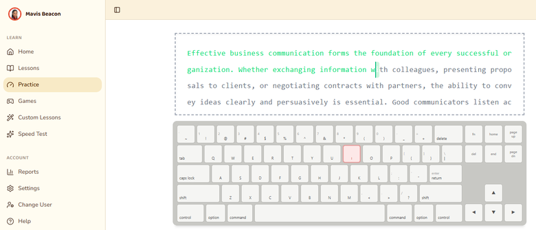 Mavis Beacon Teaches Typing practice session: typing window and on-screen keyboard