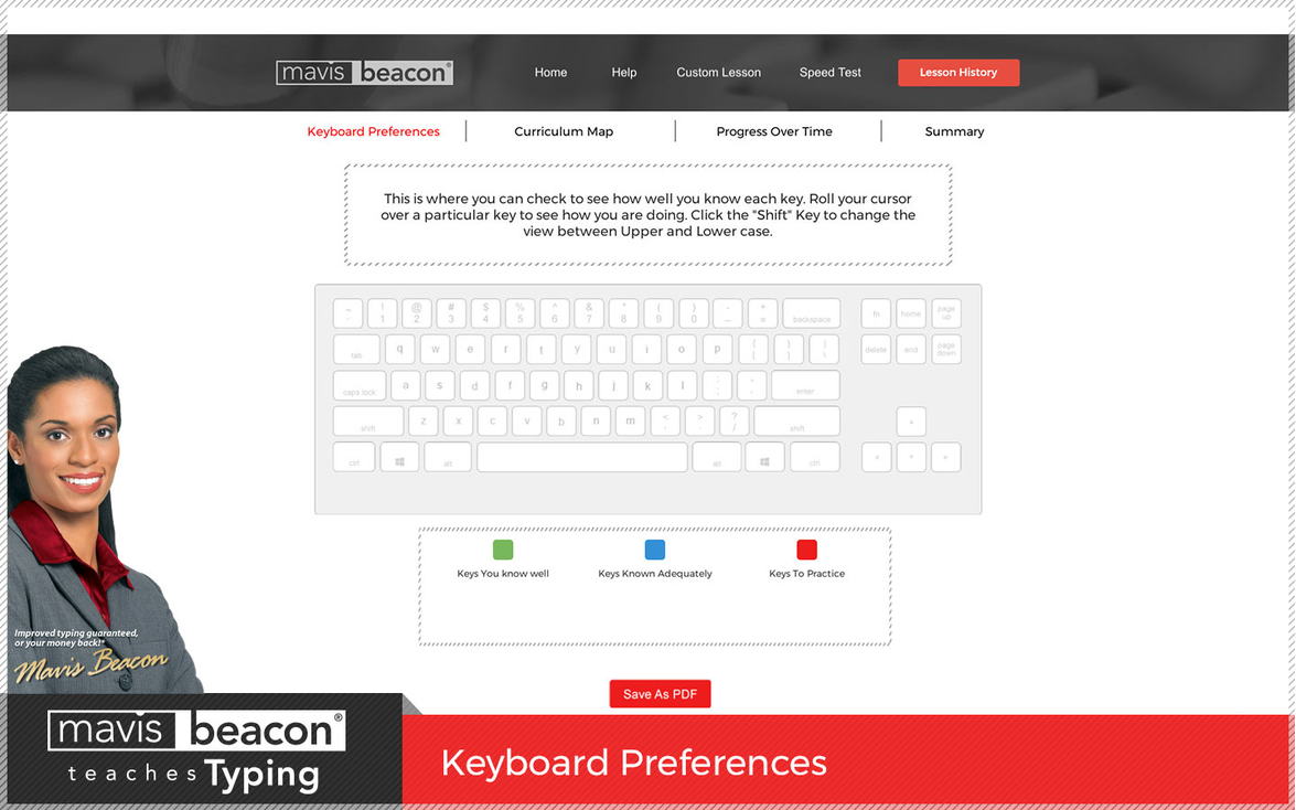 Mavis Beacon Teaches Typing — professional typing tutor interface showing lesson progress, speed metrics, and ergonomic instruction for adult learners