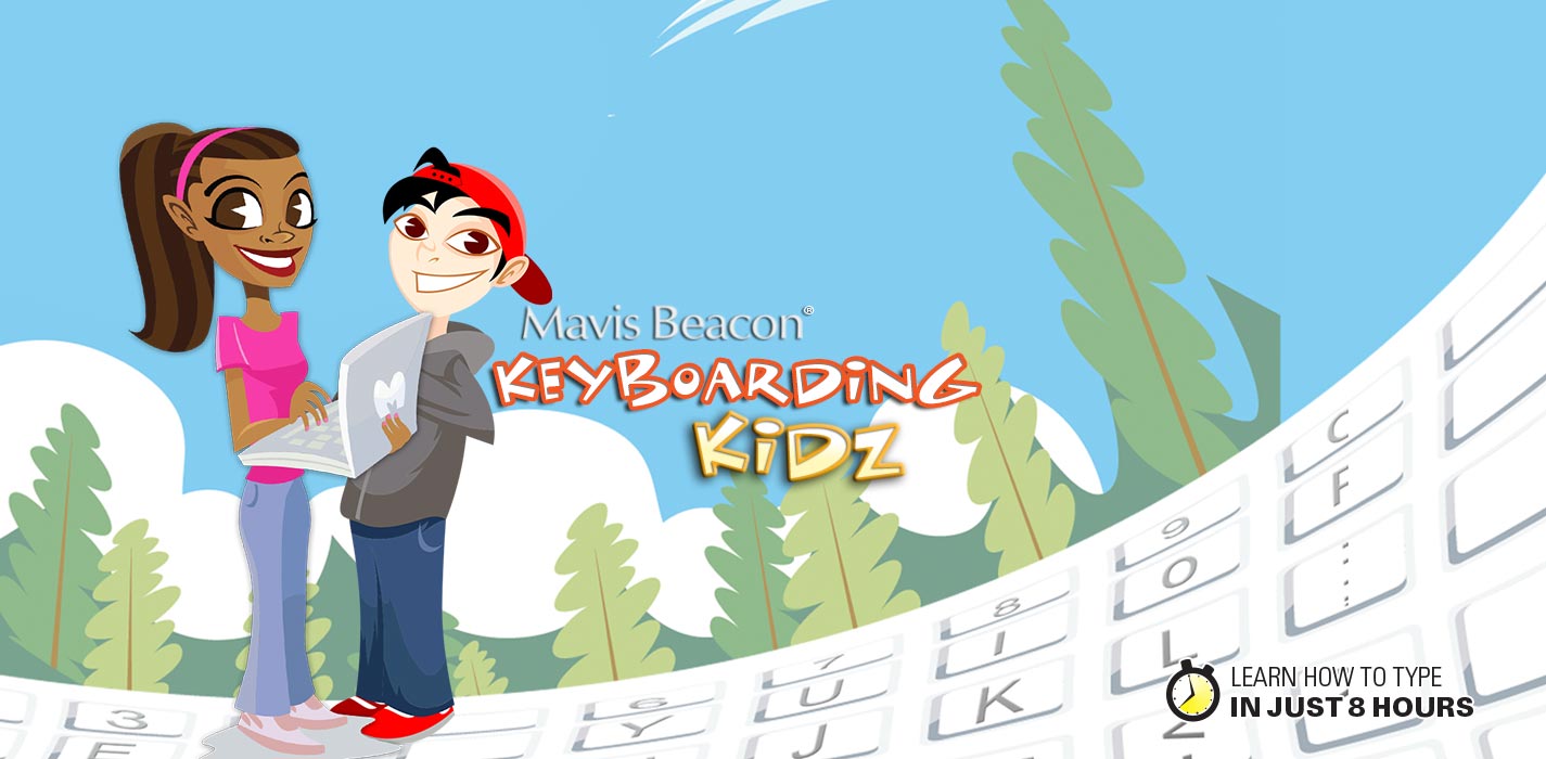 Mavis Beacon Keyboarding Kidz -- two kid characters with a laptop in front of a keyboard-shaped hillside